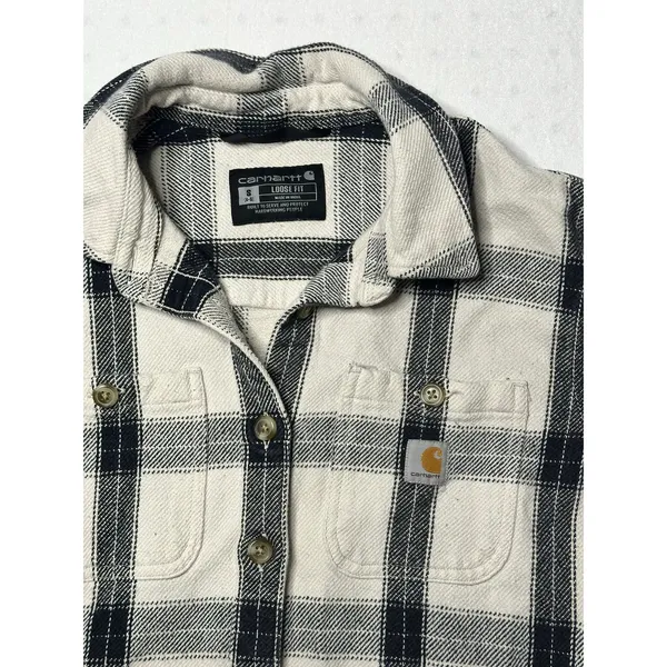 Carhartt Women’s Loose Fit Plaid Flannel Shacket Cream Black Small | Heavyweight - Image 3