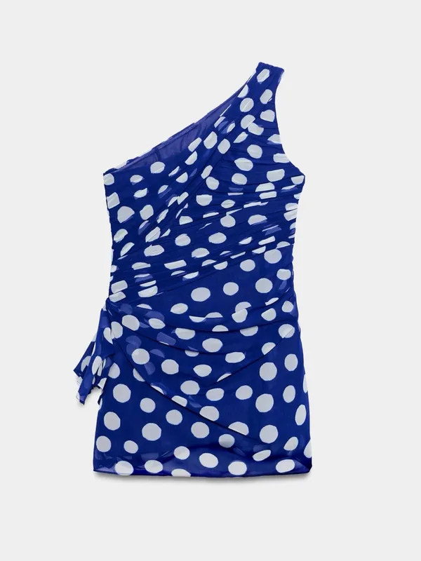 Women’s Blue Polka Dot One-Shoulder Dress - Image 3