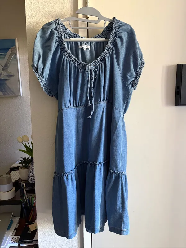 Lightweight Denim Peasant Mini Dress with Ruffle Hem - Image 2