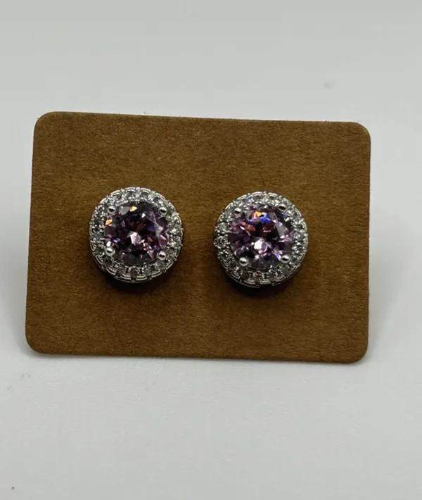 Pink Crystal Halo Stud Earrings Silver Tone Rhinestone Posts Purple - Image 4