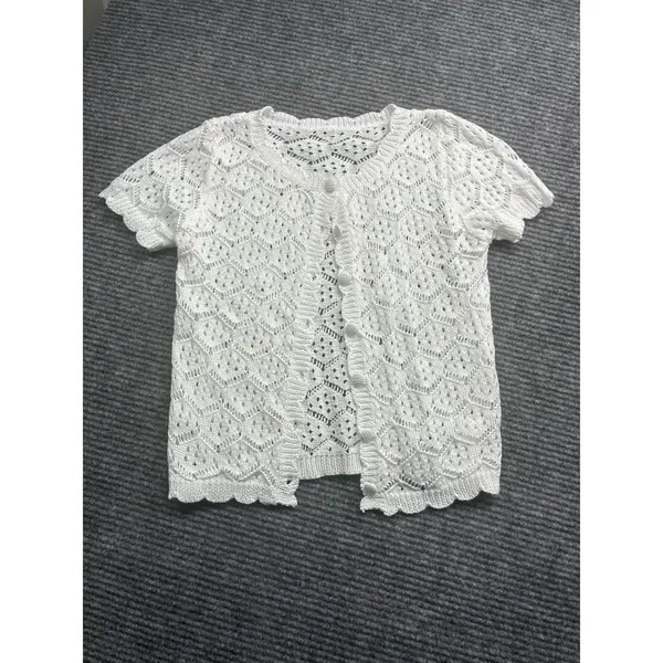 Women's Crochet 2 PC Beach Swim Coverup Set Short Sleeve & Shorts Sexy White XS - Image 4