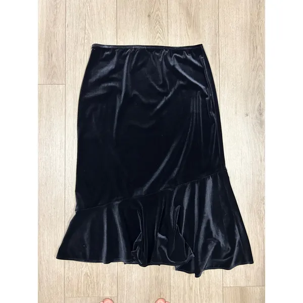 Choices Petite Black Velvet Asymmetrical Ruffle‎ Midi Skirt PL KVTK0138 - Image 2
