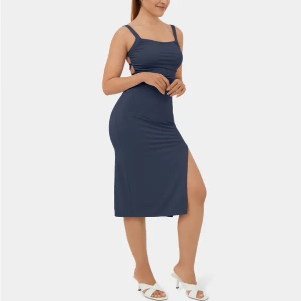 Halara Ruched Backless Crisscross Lace Up split Bodycon Midi Casual Dress - Image 3