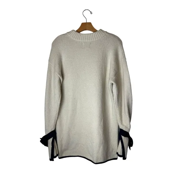 JOA Sweater Women Small Ivory‎ Navy Blue Trim Knit Hi Low Tie Sleeve Sweater - Image 3