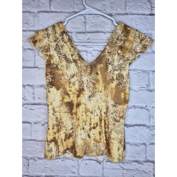 Vtg Y2K Rave Faux Wrap Top Brown Floral Lettuce Hem Whimsigoth Cap Sleeve M Knit - Image 4