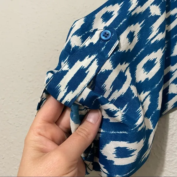Maeve Blue Ikat Print 3/4 Sleeve Mini Shirt Dress Womens XS Belted Boho Anthro - Image 3