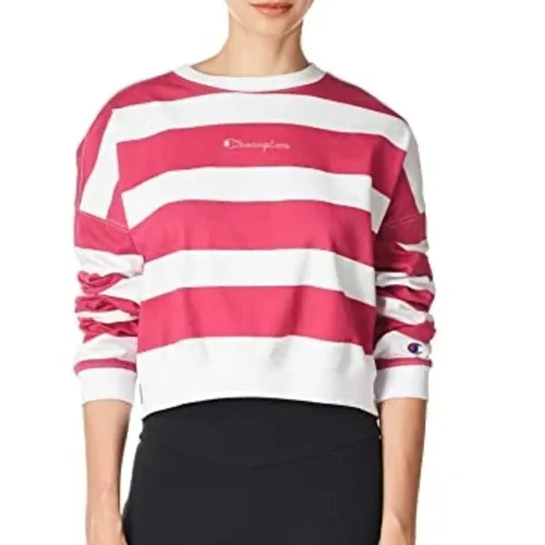 Champion Pink And‎ White Striped Crew Neck Pullover Cropped Sweatshirt Size S - Image 2