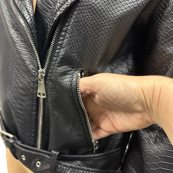 Copperose Crocodile Embossed Black Faux Leather Moto Zip Up Jacket Womens Medium - Image 8