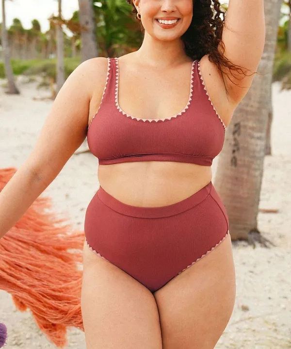 Berlook Contrast Stitch Longline Plus Size Bikini Set Pink - Image 3