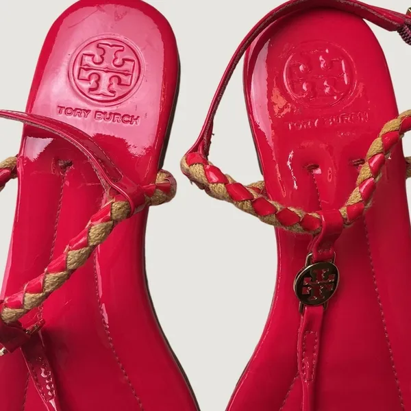 Tory Burch Miller Braided Pink Patent Leather Thong Ankle Strap Sandals 6M - Image 3