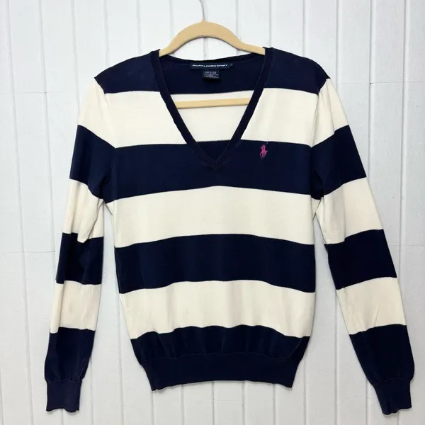 Ralph Lauren Sport Cotton‎ Women's Sweater in Navy and Cream Stripes Size L - Image 2