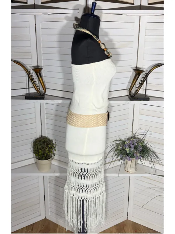 Vintage Y2K cotton knit dress strapless fringes boho coquette coastal cowgirl S - Image 4