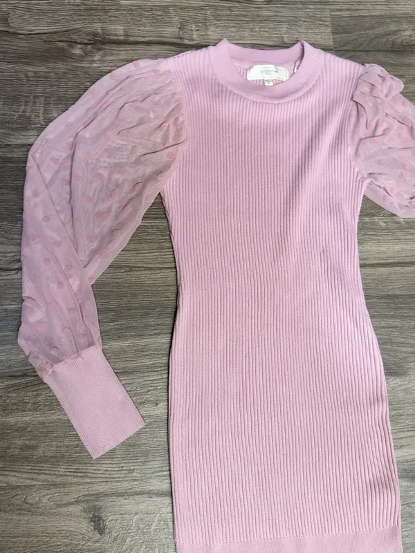 No Comment NY-LA Pink Ribbed Bodycon Sweater Dress Sheer Polka Dot Puff Sleeves - Image 5