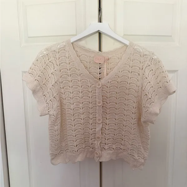NWT Good Luck Gem Cream Crochet Knit Sweater Cardigan Short Sleeve Size Large - Image 2