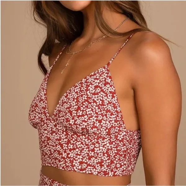 Lulus Crop‎ Top Women Large NWT Summer Romance Rust Brown Microfloral Tank Top - Image 3