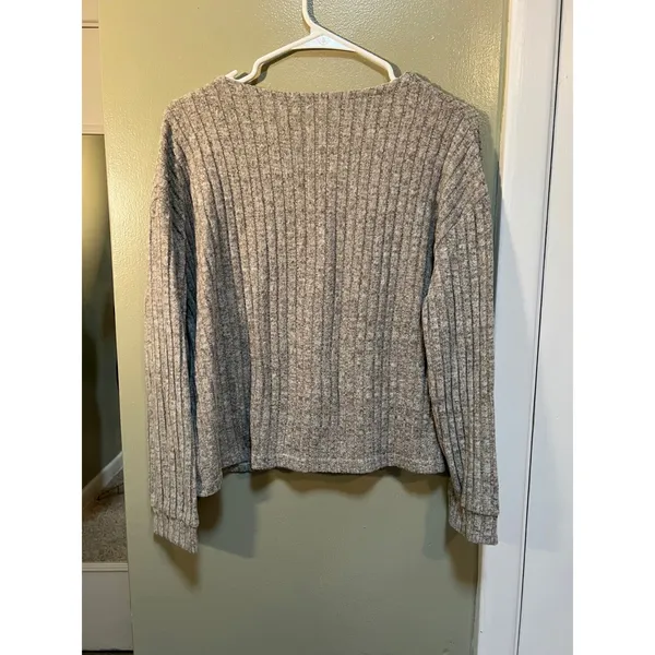 Women's Sz Medium Button Front Cardigan Heather Gray Oatmeal Ribbed Soft Pockets - Image 6