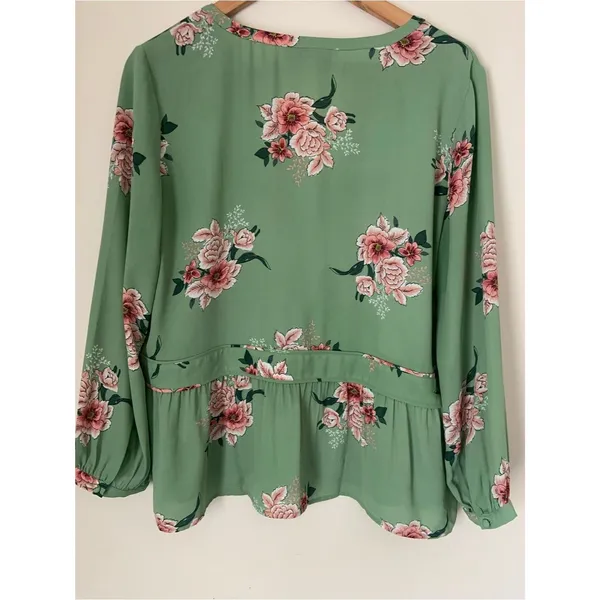 LOFT Green Floral V-Neck Peasant Long Sleeve Blouse Top Semi Sheer M Feminine - Image 6