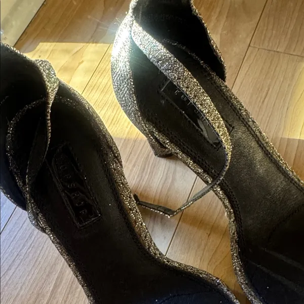 Topshop Black and Silver Glitter Ankle-Strap High Heels - Image 2