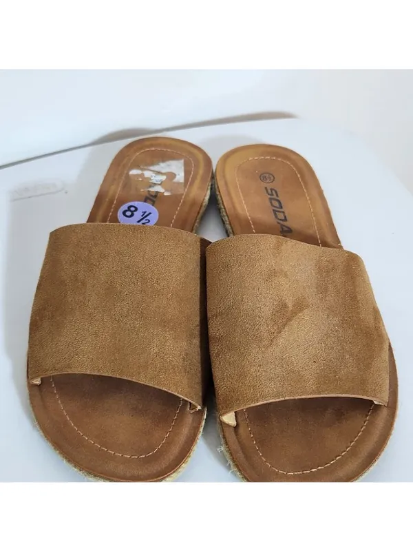 Soda Light Brown Faux Suede Slides Size 8.5 Flaw - Image 3