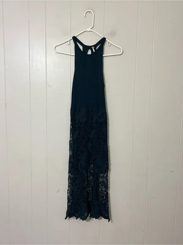 Free People Nora Crochet Lace Midi Dress XS Navy Blue Racerback Boho Sleeveless - Image 3