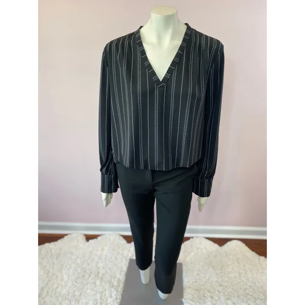 Ann Taylor Black Diagonal Striped V-Neckline Blouse - Image 4