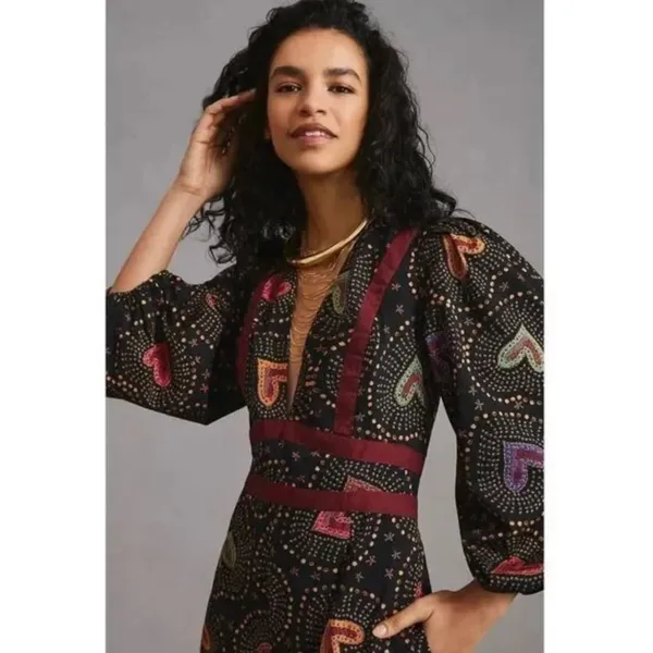 Anthropologie x Farm Rio Jumpsuit M NWT Deep-V Hearts Print Wide-Leg - Image 2