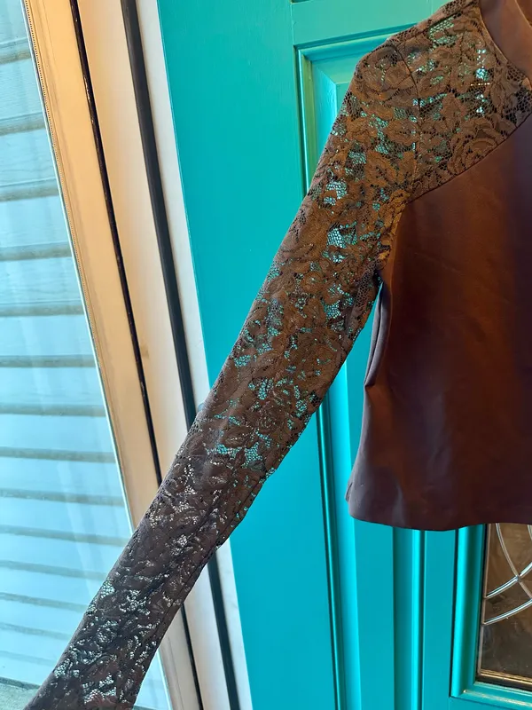 Free People No Excuses Lace Sleeve Top Hot Fudge Brown Sheer Knit Shirt Size L - Image 5