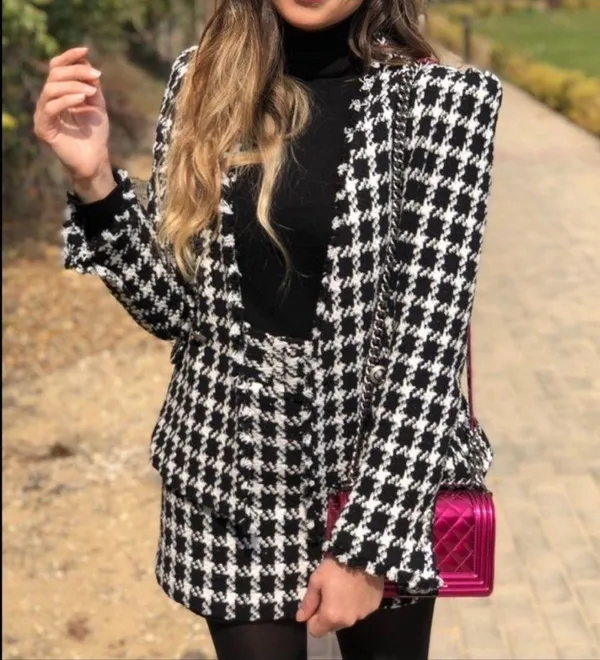 Zara TEXTURED TWEETED Houndstooth Blazer w/POCKETS BLACK/WHITE NEW - Image 3