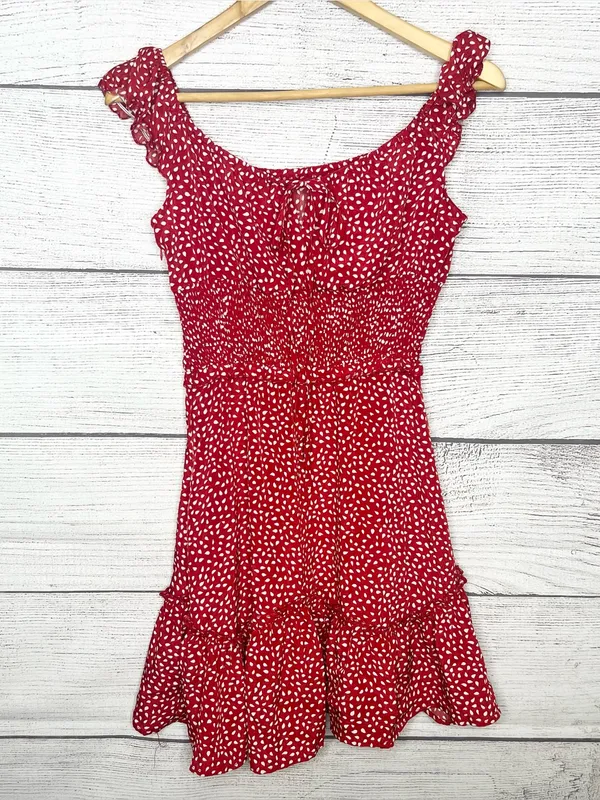 Red & White Polka Dot Smocked Sleeveless Mini Dress with Ruffle Hem Size Small - Image 11