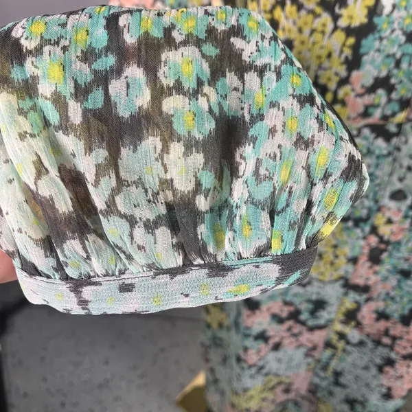 LOFT‎ Size 4 Floral Midi Dress Grey Pastel Button Front Sheer Lined Long Sleeve - Image 5