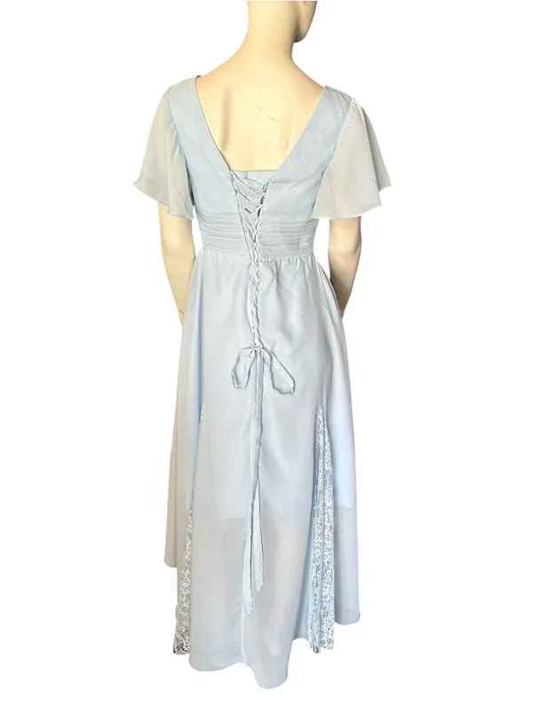 Chiffon V-Neck High-Low Midi Dress with Ruched Bodice & Lace Accents Blue Size 8 - Image 3