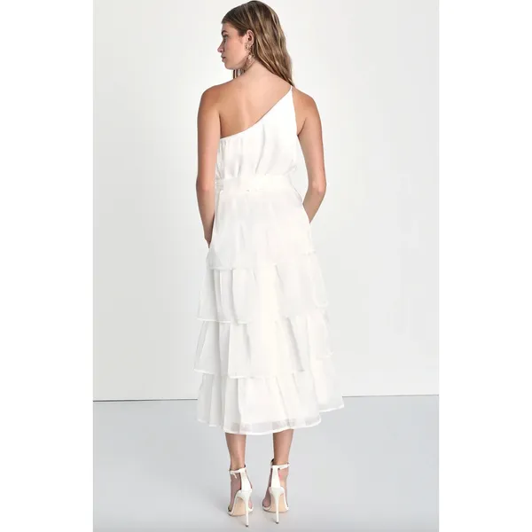 Lulus Sweetest Success White Organza Tiered One-Shoulder Midi Dress Medium NWT - Image 3