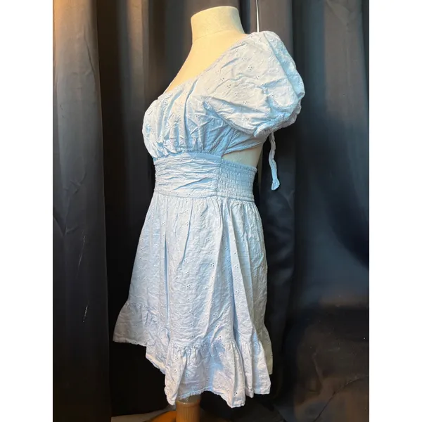 Sincerely Jules Light Blue Eyelet Mini Dress Puff Sleeve Tie Back‎ Smocked Waist - Image 2