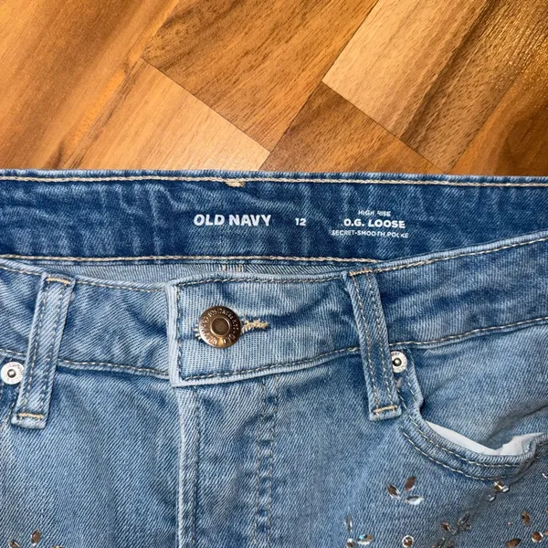 Old navy high rise og loose fit straight leg‎ rhinestone denim size 12 - Image 3