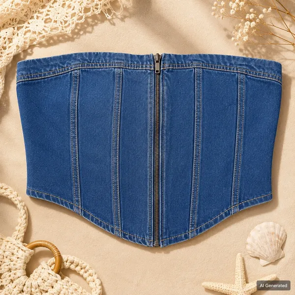 Lone Star Womens Denim Tube Top Medium Wash Zip Front Smocked Back Corset Large - Image 3