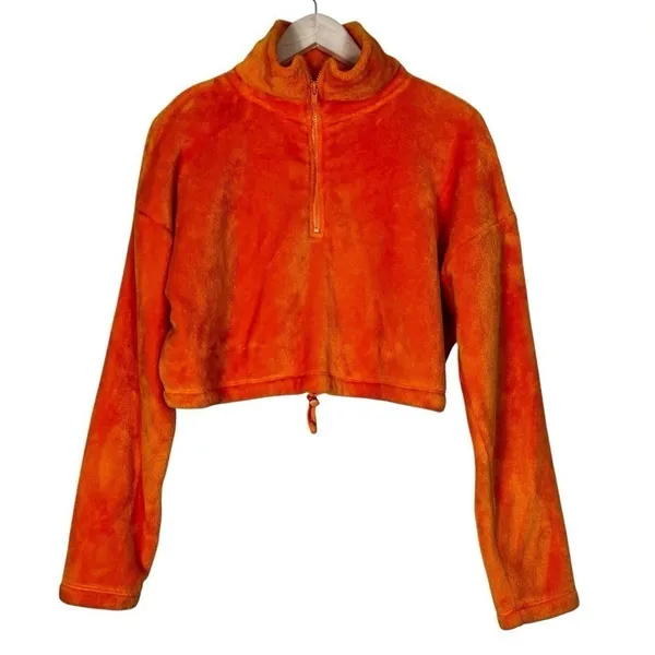 Akira Cozy Fleece Pullover Womens M Orange Cropped Half Zip Faux Fur Plush Y2K - Image 2