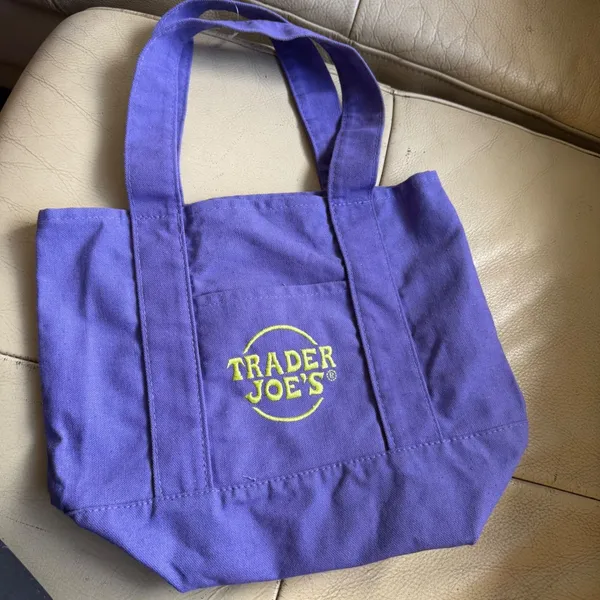 Trader Joes Mini Canvas Tote Bag Purple Yellow‎ Logo Limited Edition Grocery Bag - Image 5