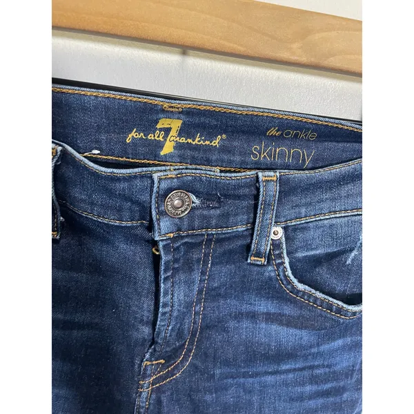 7 For All Mankind The Ankle Skinny Jeans Womens 25 Blue Distressed Raw Hem Denim - Image 3