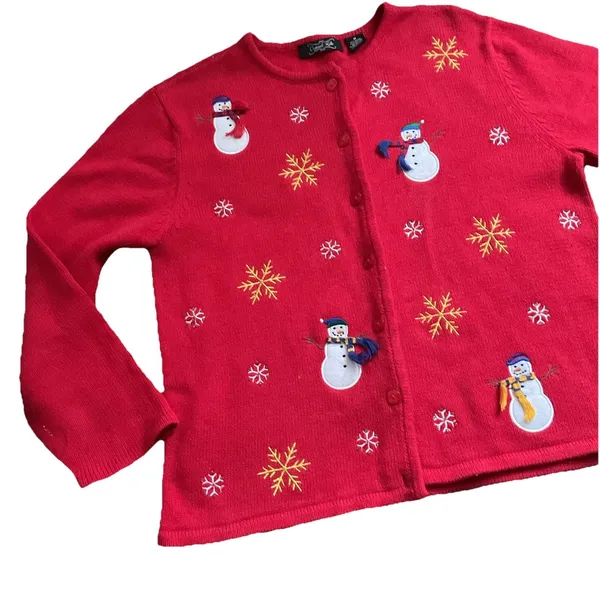 Crystal-Kobe Women's Red Christmas Cardigan Sweater Snowmen‎ Design Size Medium - Image 3