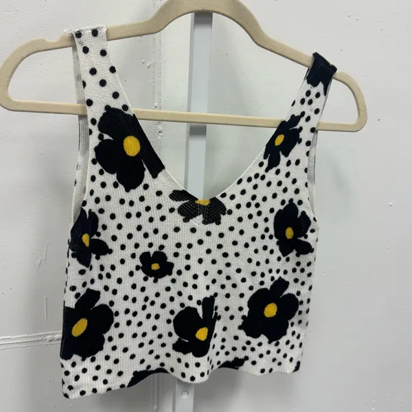 UO Urban Outfitters Floral Polka Dot Ribbed Knit‎ Crop Tank Top Blk White Sm - Image 3