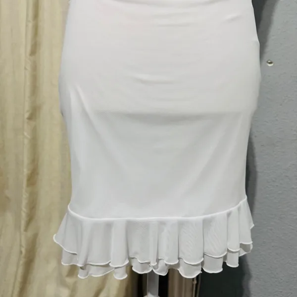 Fairy White Ruched Mesh Ruffle Hem Bodycon Lined Dress Square Neck Sleeveless‎ S - Image 3
