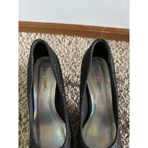 Silver Slipper Women's Black Rhinestone Round front 3"‎ heels size 8 - Image 6