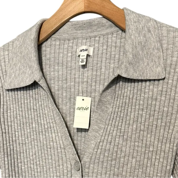 Aerie NWT Women’s Size S Heather Gray Gotta Jet! Ribbed Knit Button Polo Sweater - Image 8