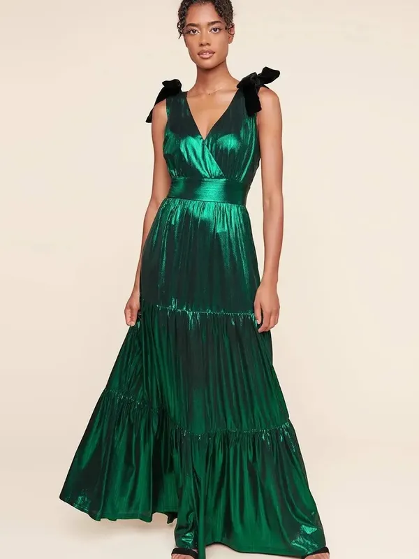 Sugarlips Liquid Satin Emerald Green Metallic Maxi Dress - Image 4