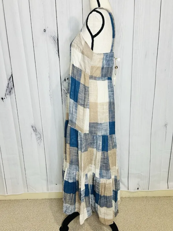 Easel Los Angeles Patchwork Midi Dress Womens Sz L Blue Tan Boho Textured NWT - Image 5