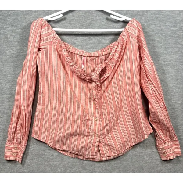 Free‎ People Hello There Beautiful Off Shoulder Striped Top Linen Blend - Image 3