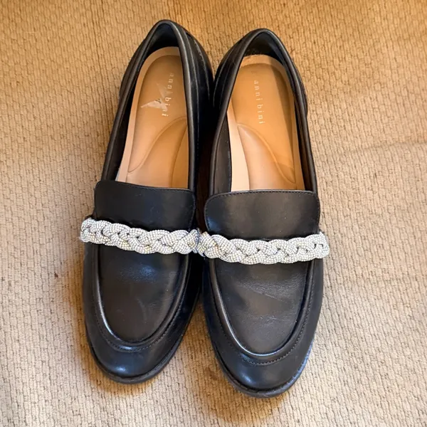 Gianni Bini Black Leather Loafers with Rhinestone Braid Trim - Image 3