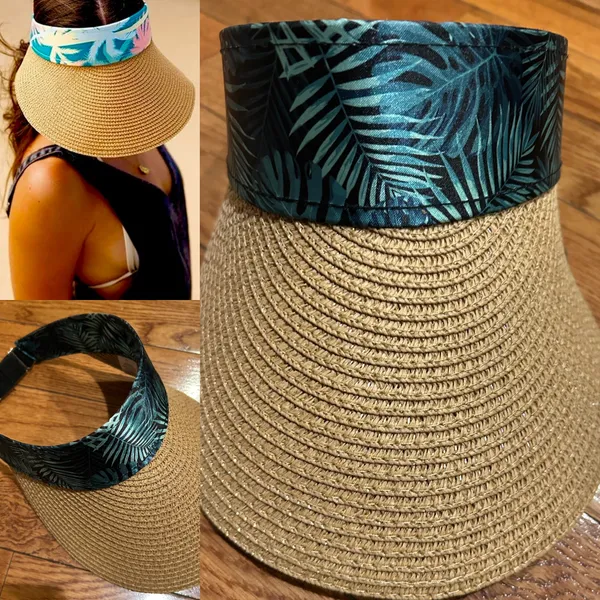 bon voyage STARBOARD NWT Wide Brim Straw Visor Hat with green leave Print Band - Image 3