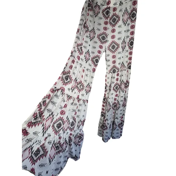 Marigold Kiss Women’s Flare Pants L Geometric Print White Pink Black Gray - Image 2