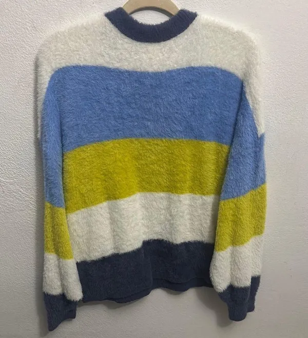 Aerie Blue and Yellow Crew Neck Sweater with Bold Stripes - Image 6
